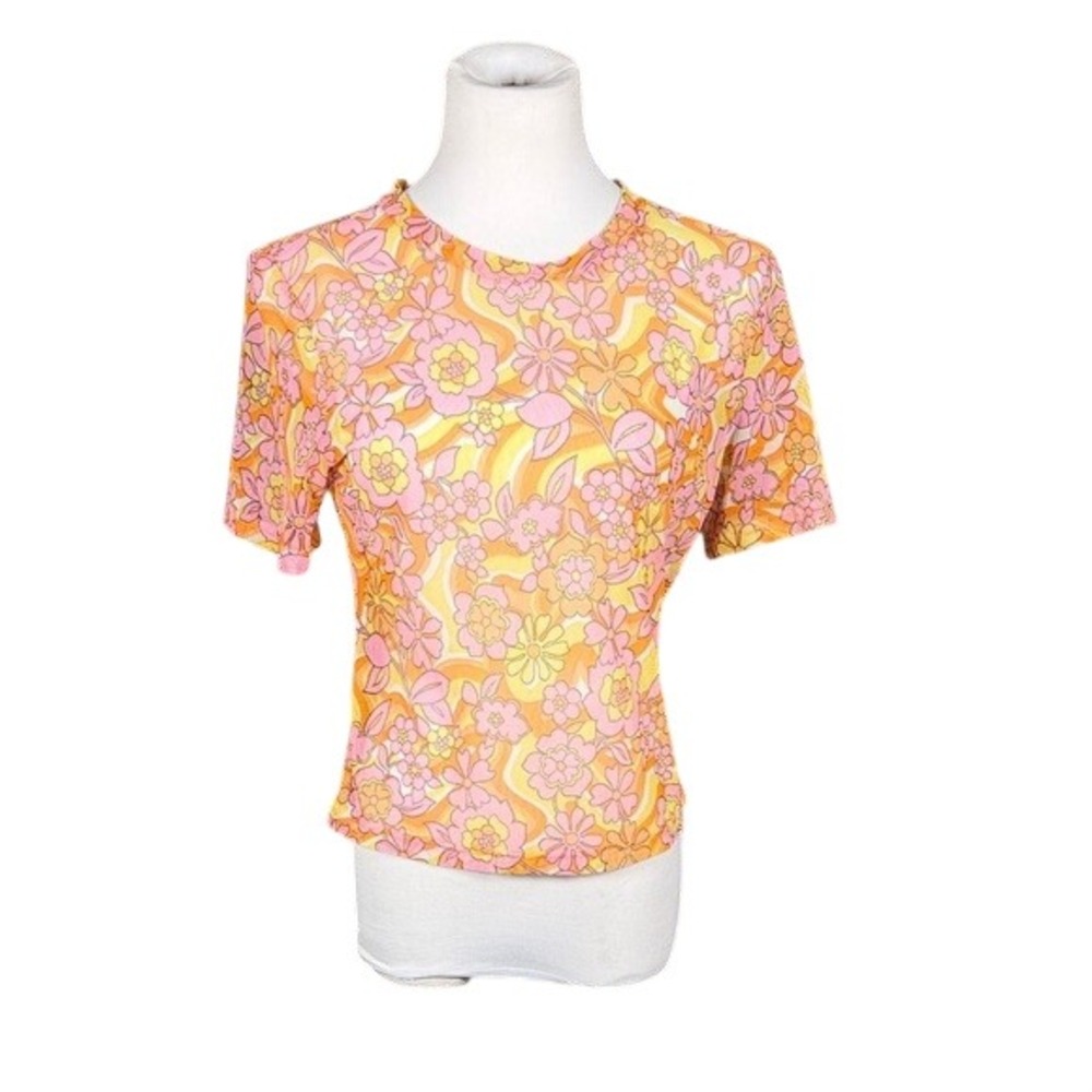 3 Girls Clothing Womens XL Mesh Top Pink Orange Floral Psychedelic Retro Tee